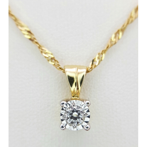 178 - A 9K Gold and Diamond Pendant on an 18K Gold Yellow Chain. Round brilliant cut diamond - 0.15ct. 1cm... 