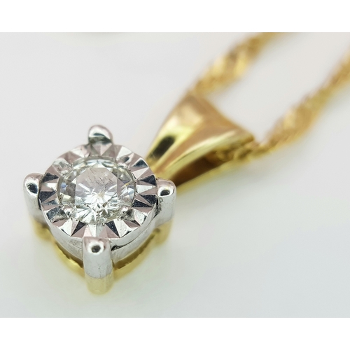 178 - A 9K Gold and Diamond Pendant on an 18K Gold Yellow Chain. Round brilliant cut diamond - 0.15ct. 1cm... 