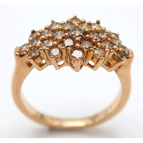 215 - A STUNNING 9K YELLOW GOLD CHAMPAGNE DIAMOND SET CLUSTER RING, 0.50CT DIAMOND WEIGHT. TOTAL WEIGHT 3.... 