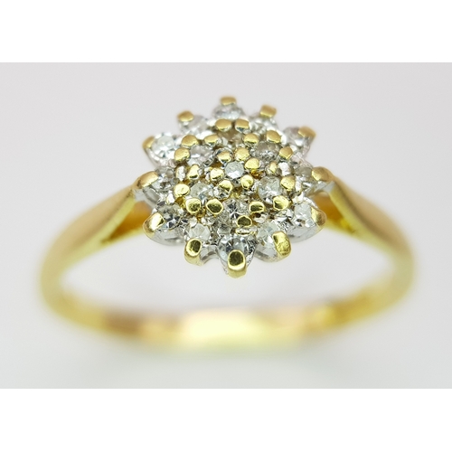 236 - AN 18K YELLOW GOLD DIAMOND CLUSTER RING, DIAMONDS WEIGHT 0.15CT. TOTAL WEIGHT 2.7G. SIZE O. SC 9054