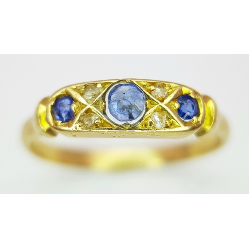 549 - An 18k yellow gold diamond and sapphire ring, 0.02ct diamond weight, 0.21ct sapphire weight, 2.1g to... 