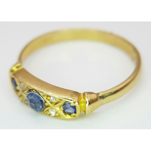 549 - An 18k yellow gold diamond and sapphire ring, 0.02ct diamond weight, 0.21ct sapphire weight, 2.1g to... 
