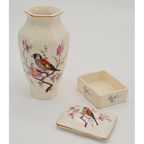 949 - A pretty set of Palissy Royal Worcester hand-painted porcelain vases (12.5cm height) and trinket box... 