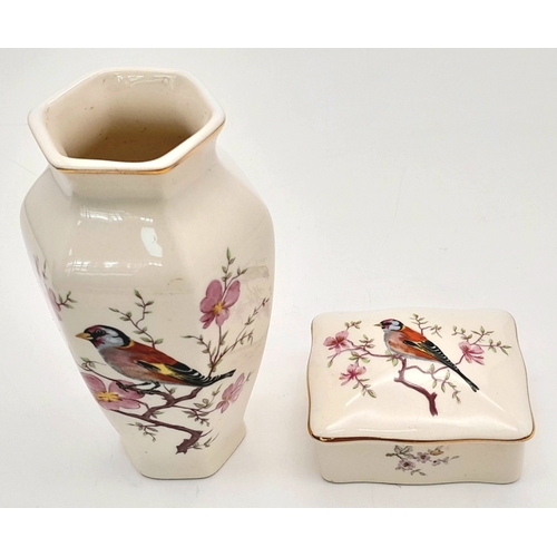 949 - A pretty set of Palissy Royal Worcester hand-painted porcelain vases (12.5cm height) and trinket box... 