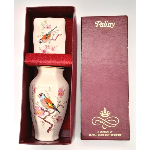 949 - A pretty set of Palissy Royal Worcester hand-painted porcelain vases (12.5cm height) and trinket box... 