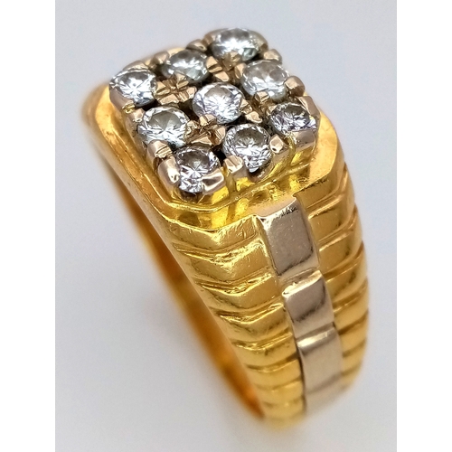 173 - AN 18K YELLOW GOLD DIAMOND SET RING. NINE ROUND BRILLIANT CUT DIAMONDS - 0.40CTW. 9G. SIZE T. SPSA-1... 