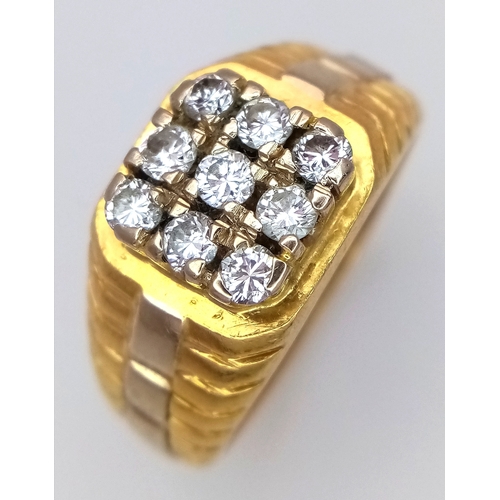 173 - AN 18K YELLOW GOLD DIAMOND SET RING. NINE ROUND BRILLIANT CUT DIAMONDS - 0.40CTW. 9G. SIZE T. SPSA-1... 