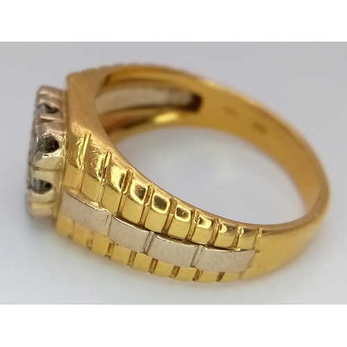 173 - AN 18K YELLOW GOLD DIAMOND SET RING. NINE ROUND BRILLIANT CUT DIAMONDS - 0.40CTW. 9G. SIZE T. SPSA-1... 