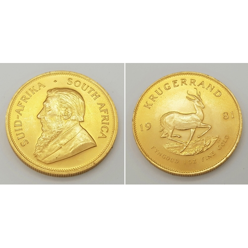 764 - A 1981 Gold 1oz South African Krugerrand Coin. 22k gold. Uncirculated condition.