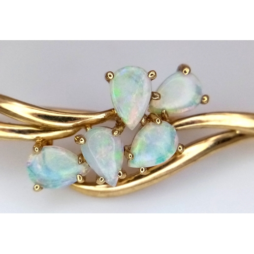 179 - A VERY ATTRACTIVE 9K GOLD BROOCH WITH 5 PEAR SHAPED FIRE OPALS .    3.5gms