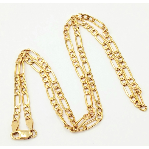 190 - A BRIGHT LACQUERED 9K GOLD FIGARO LINK NECKLACE CHAIN .      3.4gms    44cms