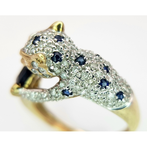 201 - A 9K YELLOW GOLD DIAMOND AND SAPPHIRE SET PANTHER RING. TOTAL WEIGHT 4G. SIZE N. SC 9006