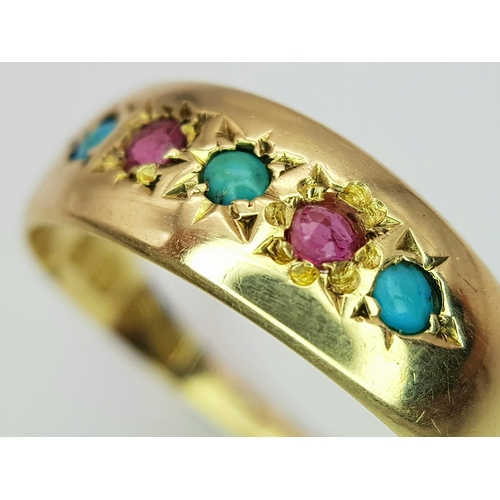 222 - AN ANTIQUE 18K YELLOW GOLD TURQUOISE AND RUBY SET RING. TOTAL WEIGHT 2.2G. SIZE M. FULL HALLMARKED C... 