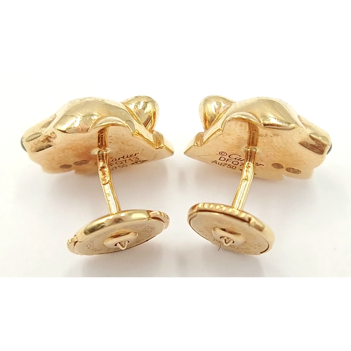 25 - A PAIR OF CARTIER PANTHER EARRINGS IN 18K GOLD WITH EMERALD EYES .    8.25gms