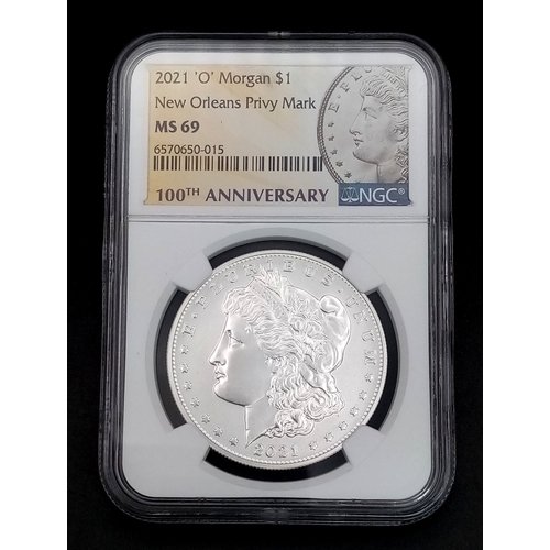 544 - A Rare to the UK, Slabbed and Graded by NGC, 100th Anniversary 2021 New Orleans Silver Morgan Dollar... 