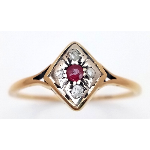 545 - AN 18K YELLOW GOLD VINTAGE DIAMOND AND RUBY RING. TOTAL WEIGHT 1.7G. SIZE T. SC 9048