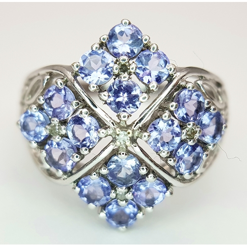 558 - An Impressive 9 Carat White Gold Tanzanite and Diamond Set Ring, Size O. The Ring is set with sixtee... 