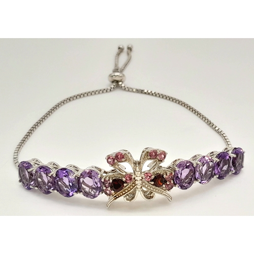565 - A Pretty Sterling Silver Amethyst, Pink Tourmaline and Garnet Bracelet. One Size Pull Through Adjust... 