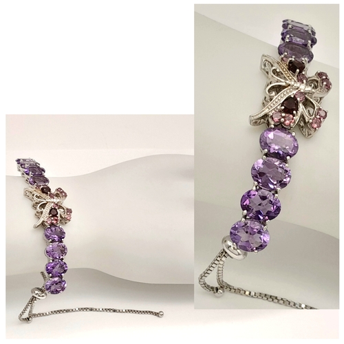 565 - A Pretty Sterling Silver Amethyst, Pink Tourmaline and Garnet Bracelet. One Size Pull Through Adjust... 