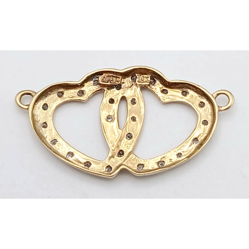 566 - A 14K YELLOW GOLD DIAMOND SET DOUBLE HEART PENDANT, JUST REQUIRES A CHAIN. TOTAL WEIGHT 1.4G. SC 903... 