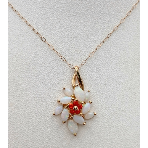 586 - An Exquisite Design 9 Carat Gold Opal and Fire Opal Set Pendant Necklace. 41cm Length Chain- The pen... 