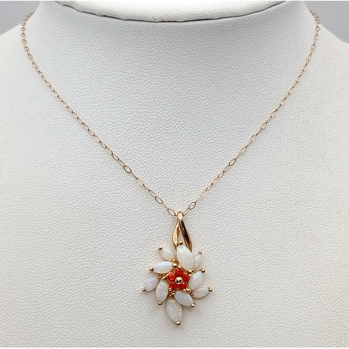 586 - An Exquisite Design 9 Carat Gold Opal and Fire Opal Set Pendant Necklace. 41cm Length Chain- The pen... 
