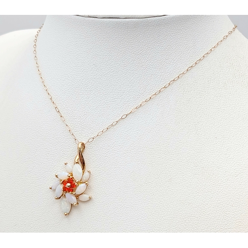 586 - An Exquisite Design 9 Carat Gold Opal and Fire Opal Set Pendant Necklace. 41cm Length Chain- The pen... 