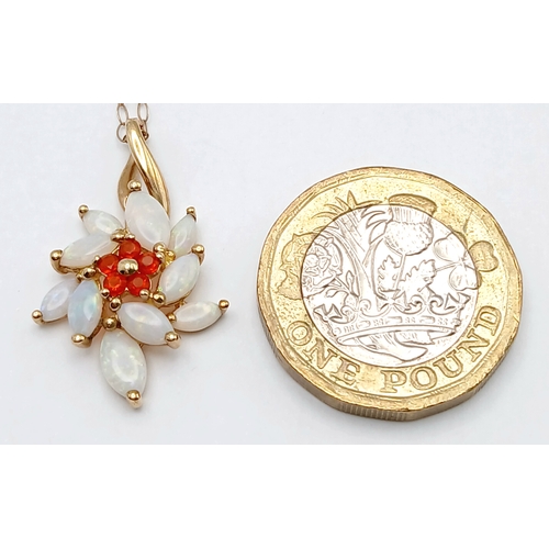 586 - An Exquisite Design 9 Carat Gold Opal and Fire Opal Set Pendant Necklace. 41cm Length Chain- The pen... 