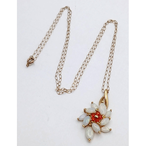 586 - An Exquisite Design 9 Carat Gold Opal and Fire Opal Set Pendant Necklace. 41cm Length Chain- The pen... 