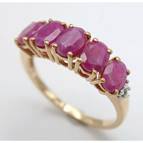 620 - A Stylish Gold on Silver Five Stone Ruby Ring, Size N. The Ring is set with Five 4mm Long Oval Cut R... 