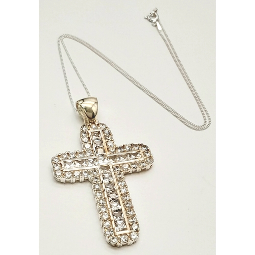 627 - A Very Eye-Catching Sterling Silver and Cubic Zirconia Set Cross Pendant Necklace- 41cm Length Chain... 