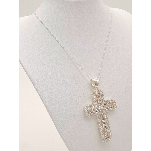 627 - A Very Eye-Catching Sterling Silver and Cubic Zirconia Set Cross Pendant Necklace- 41cm Length Chain... 