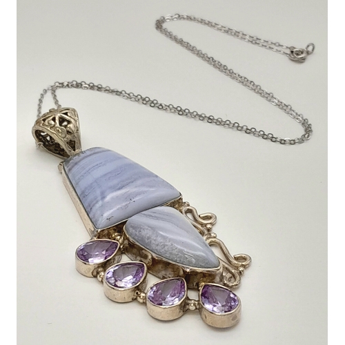 634 - An Impressive Sterling Silver Blue Lace Agate and Amethyst Pendant Necklace-46cm Length Chain. The P... 