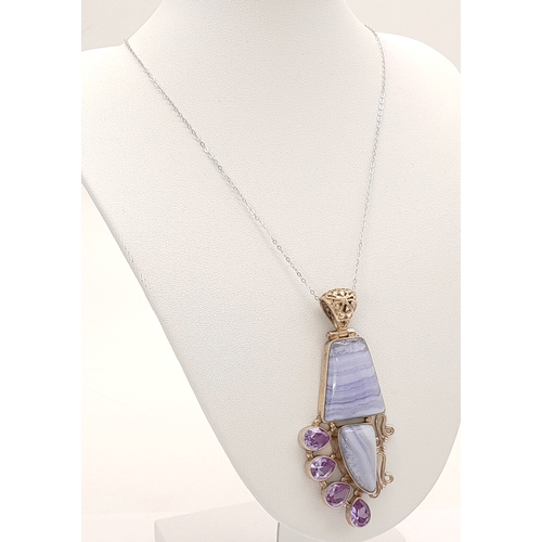 634 - An Impressive Sterling Silver Blue Lace Agate and Amethyst Pendant Necklace-46cm Length Chain. The P... 