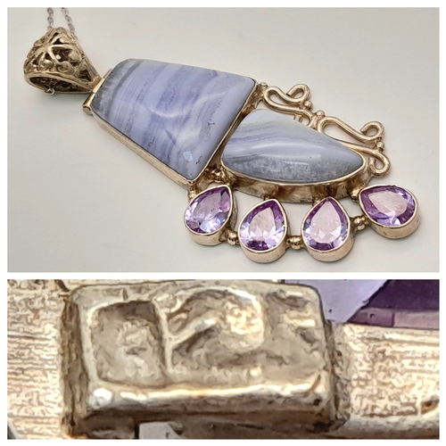 634 - An Impressive Sterling Silver Blue Lace Agate and Amethyst Pendant Necklace-46cm Length Chain. The P... 