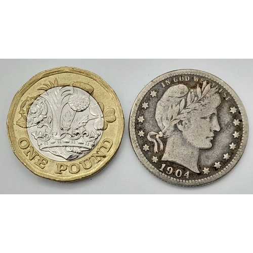 638 - A USA 1904 Silver Quarter Dollar Coin.