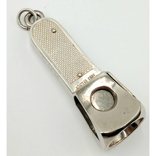 651 - Fully hallmarked Vintage SILVER CIGAR CUTTER. Pocket sized. Engine Turned Design. Working order. Exc... 