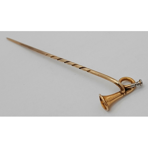728 - Antique Yellow Metal Stick Pin with GOLD BUGLE. 1.45 Grams. 6.0 cm.