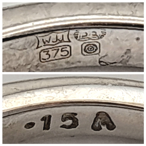 754 - A FANCY 9K WHITE GOLD DIAMOND 3 STONE RING. TOTAL WEIGHT 1.9G, SIZE J. SC 9066