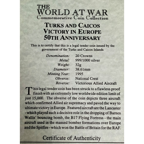 781 - A 1995 Dated VE Day 50 th Anniversary Fine Silver 1 Ounce Turks and Caicos 20 Crowns Coin Commemorat... 