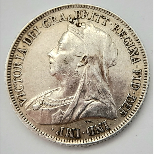 848 - A Queen Victoria 1899 Silver Shilling Coin. EF.