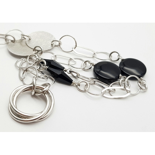 888 - A STERLING SILVER LONG STONE SET NECKLACE. 80CM. 27.6G. JSIL-9018.