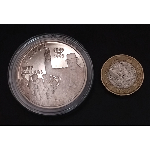 901 - A 1995 Dated VE Day 50 th Anniversary Fine Silver Marshall Islands $50 Coin Commemorating Winston Ch... 