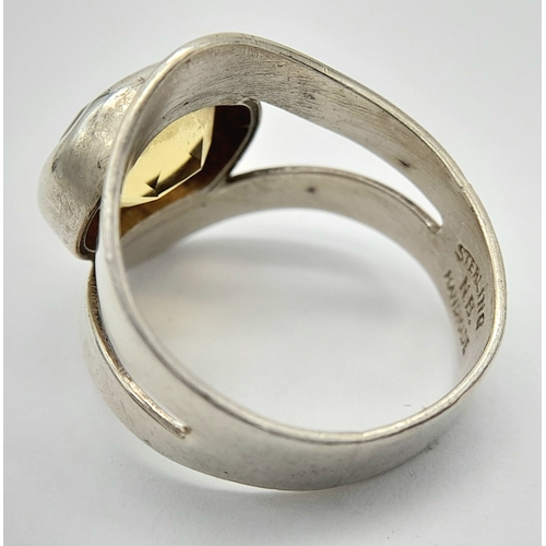 936 - A Unique Sterling Silver Studio Hand Made Citrine Set Ring Size M, The Ring is set with a 1cm Long O... 