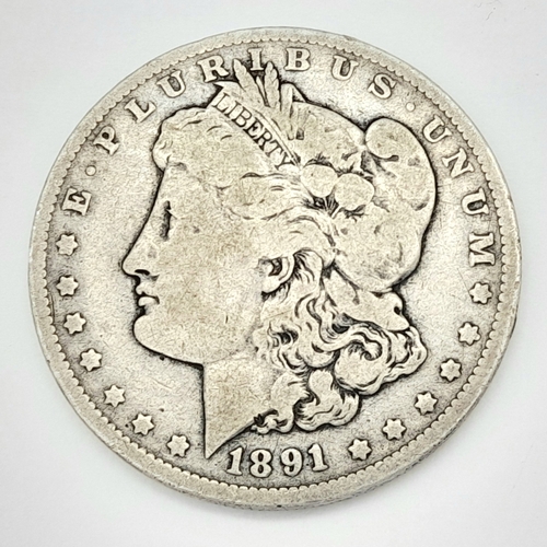 943 - An 1891 Dated Fine Condition Morgan Silver Dollar coin- New Orleans Mint-26.09 Grams. Graded on Shel... 