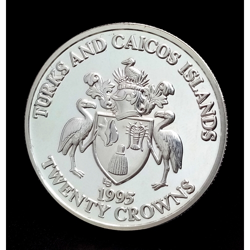 992 - A 50 th Anniversary Victory in Europe Fine Silver 20 Crowns Turks and Caicos Coin Dated 1995. 32 Gra... 