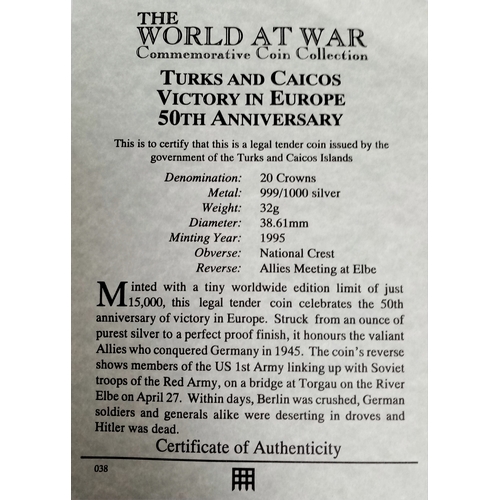 992 - A 50 th Anniversary Victory in Europe Fine Silver 20 Crowns Turks and Caicos Coin Dated 1995. 32 Gra... 