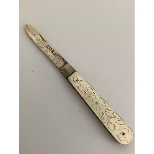644 - Antique SILVER BLADED FRUIT KNIFE. Beautifully decorated mother-of-pearl handle. Hallmark for Thomas... 