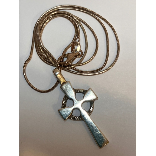 763 - Traditional SILVER TRINITY CROSS PENDANT Mounted on an ITALIAN SILVER NECKLACE. Silver Cross x 3.5cm... 