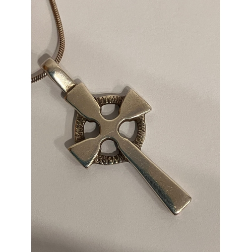 763 - Traditional SILVER TRINITY CROSS PENDANT Mounted on an ITALIAN SILVER NECKLACE. Silver Cross x 3.5cm... 